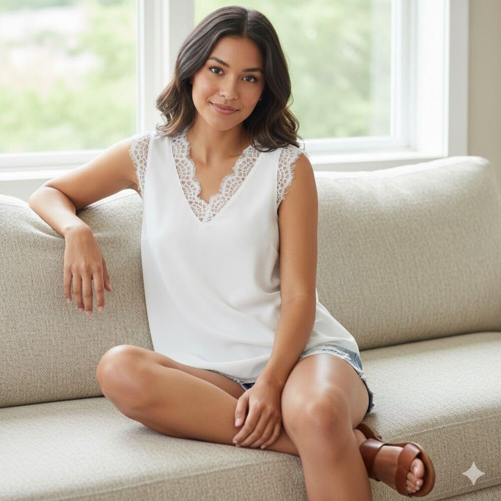 White Lightweight Lace Trim V Neckline Sleeveless Layering Blouse Top SZ L